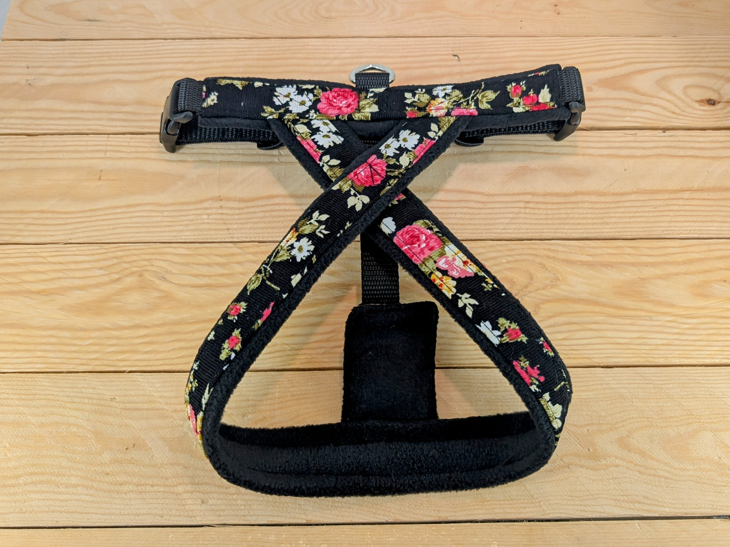 Black and Pink Vintage Floral Fleece Lined Dog Harness