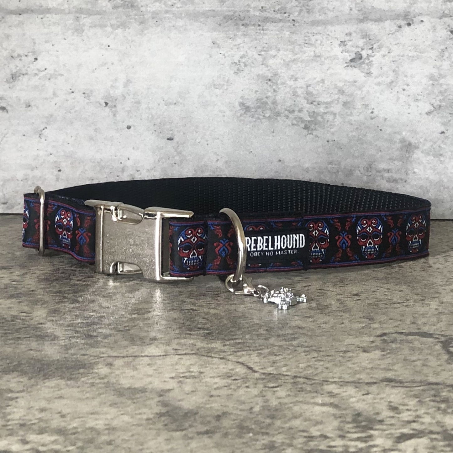 CALAVERA Red and Blue Sugar Skulls Dog Collar