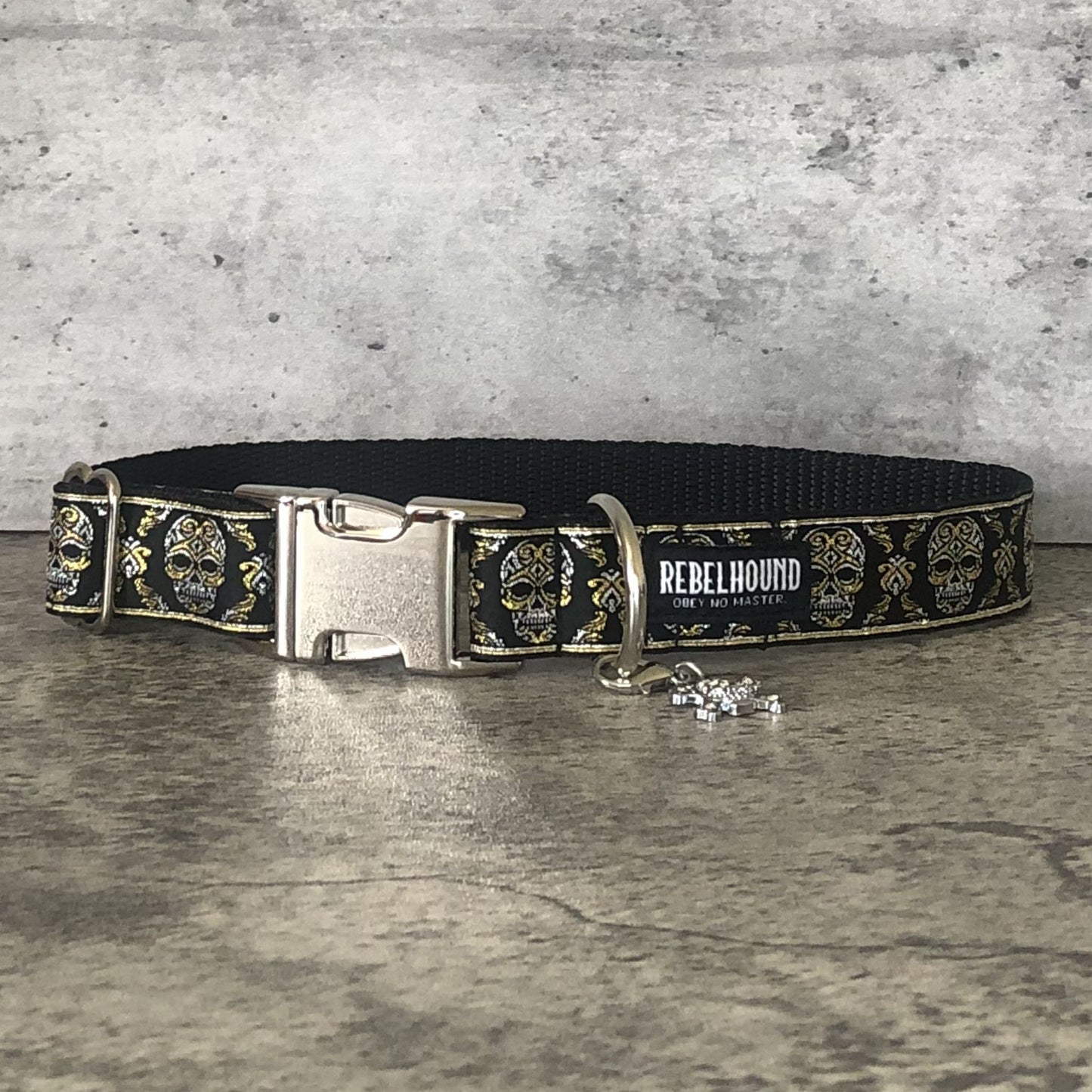 CALAVERA Silver and Gold Sugar Skulls Dog Collar