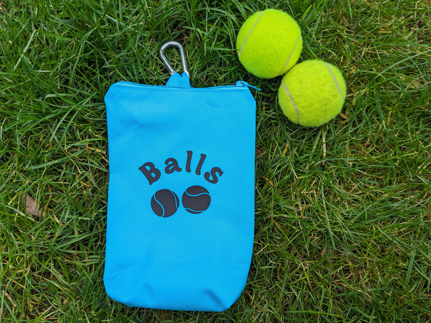 Dog Ball Bag in Blue with Tennis Balls