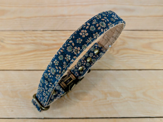 Cork Vegan Leather Blue Floral Dog Collar