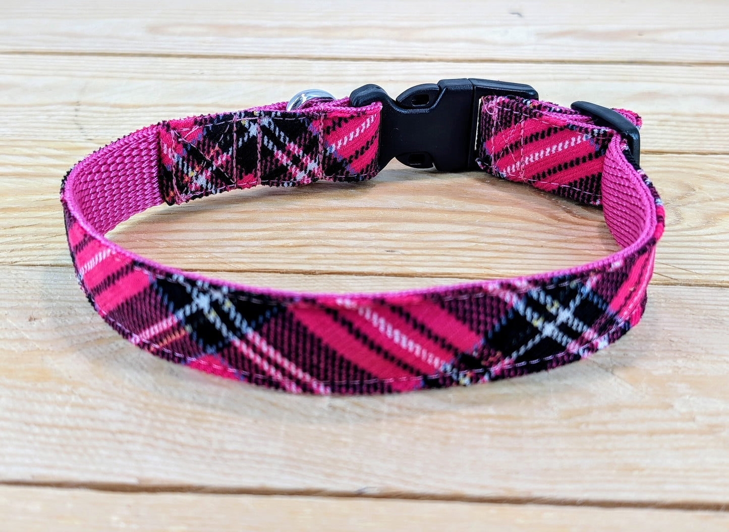 Cerise Pink Tartan Dog Collar Side View