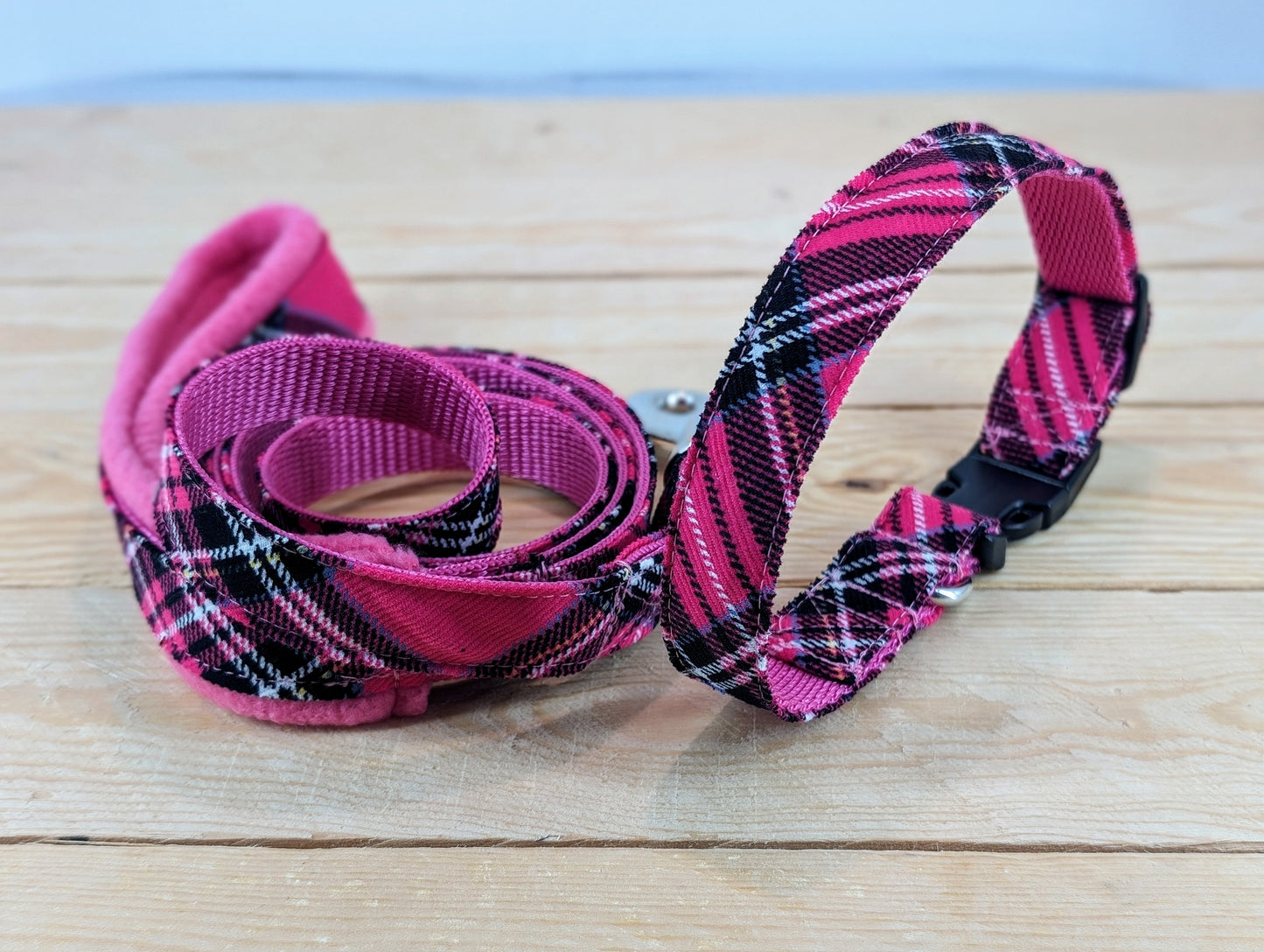 Cerise Pink Tartan Dog Collar with Matching Dog Lead