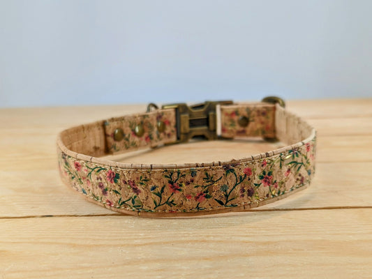 Cork Vegan Leather Small Floral Pattern Dog Collar