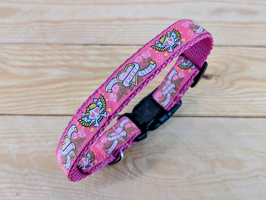 Pink Skulls and Hearts Dog Collar