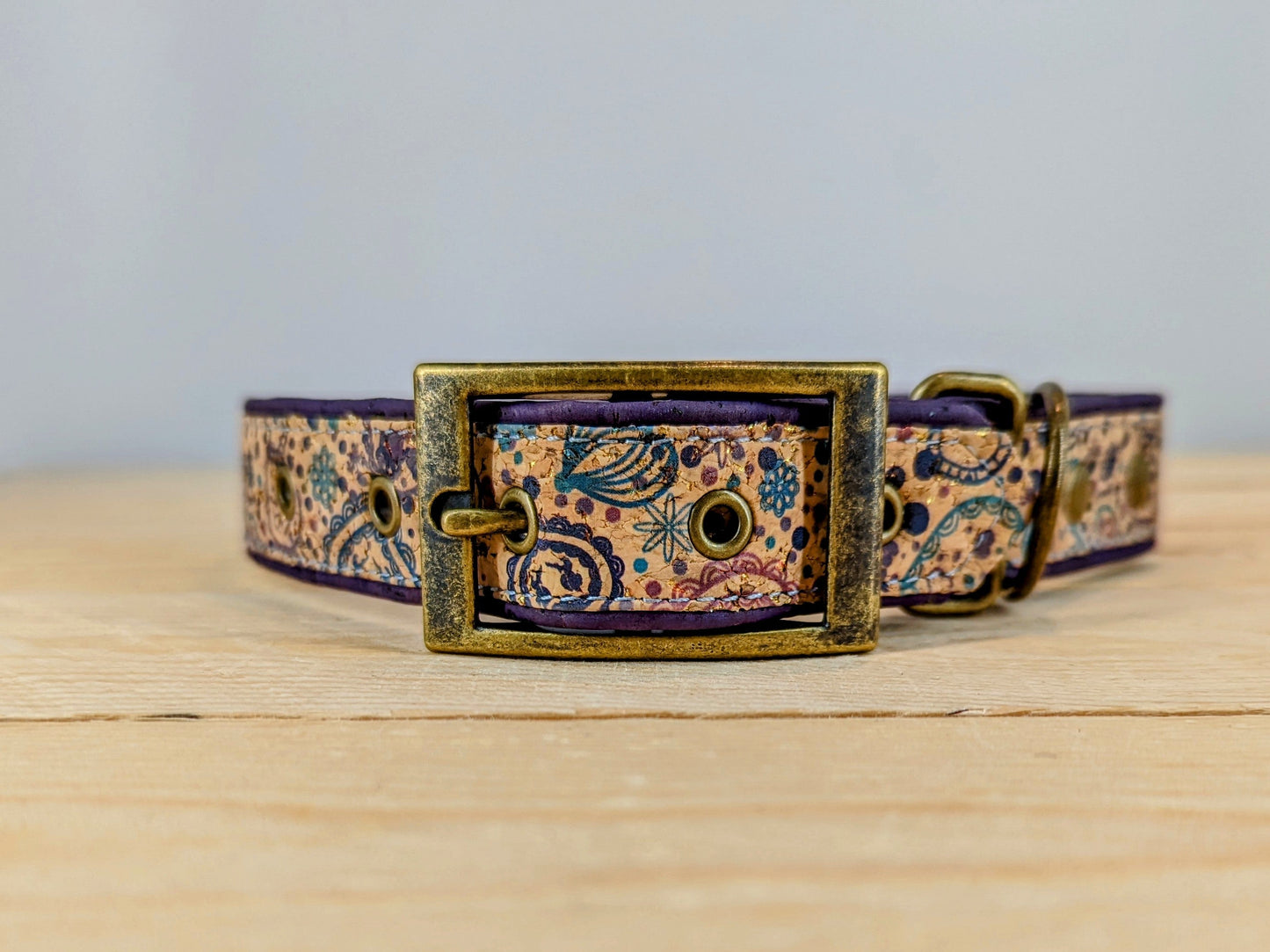 Cork Vegan Leather Purple Hearts Dog Collar