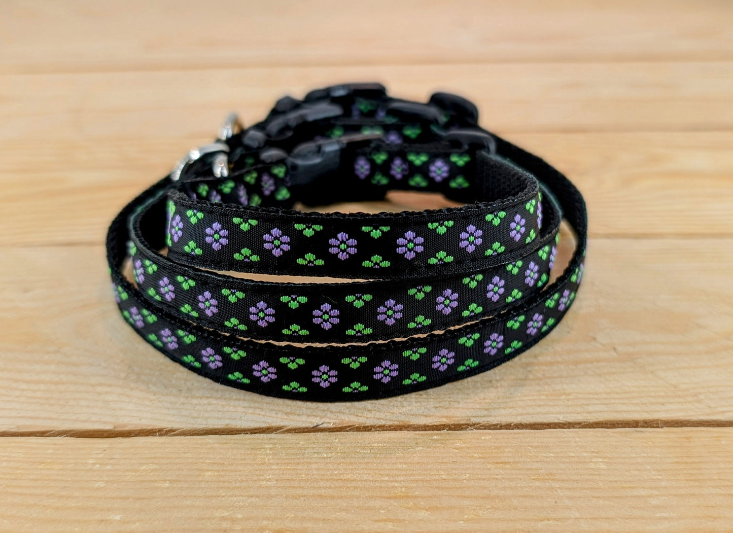 Purple and Green Floral Dots Small Dog/Puppy Collar Stacked