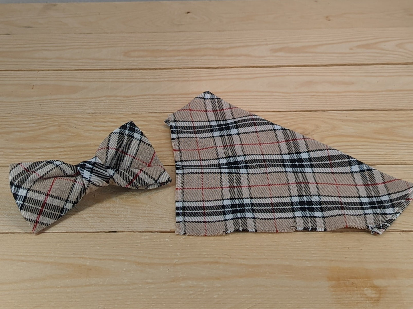 Camel Check Dog Bow Tie and Dog Bandana Matching Set