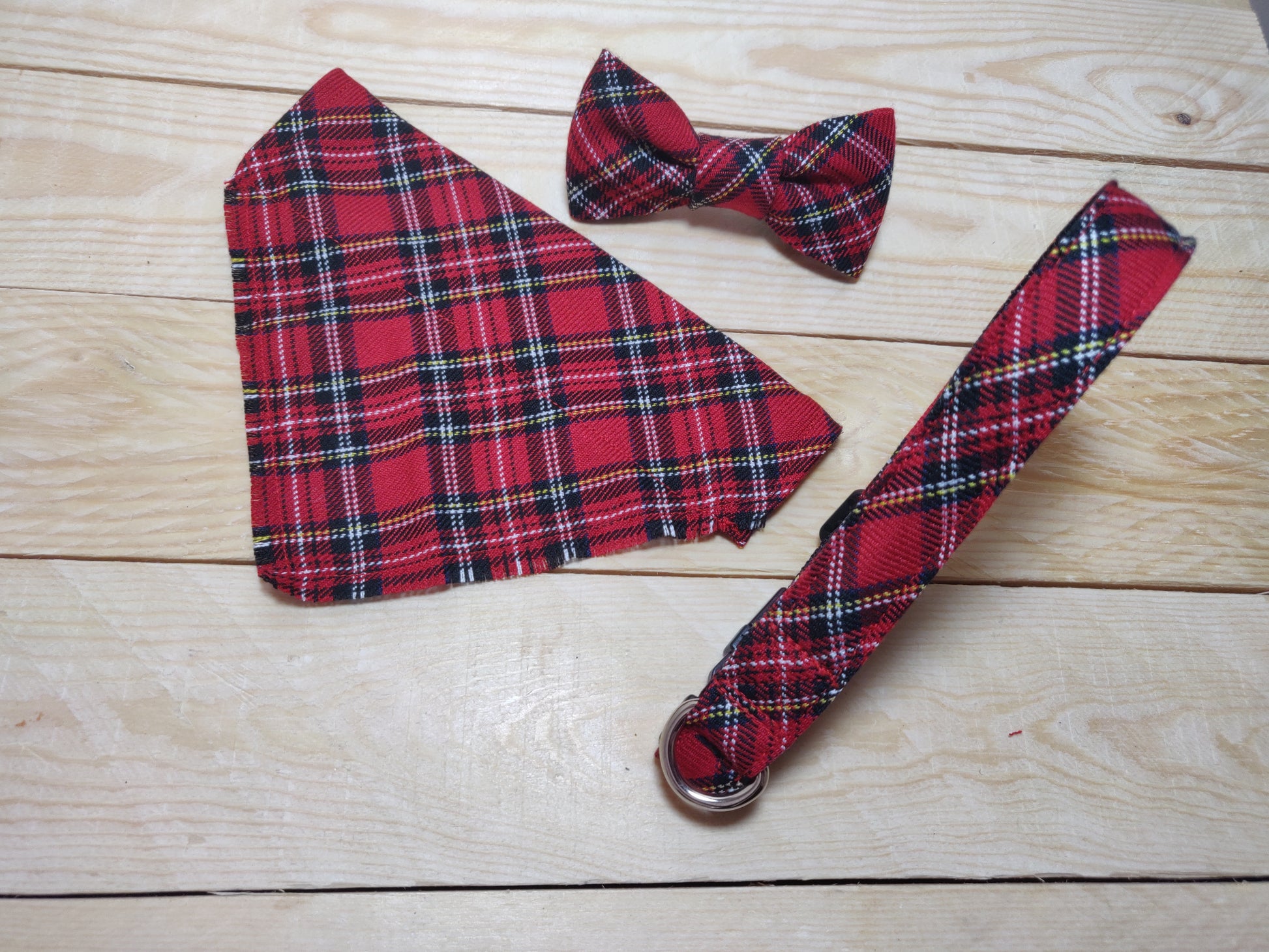 Red Tartan Dog Collar with Matching Dog Bandana and Dog Bow Tie