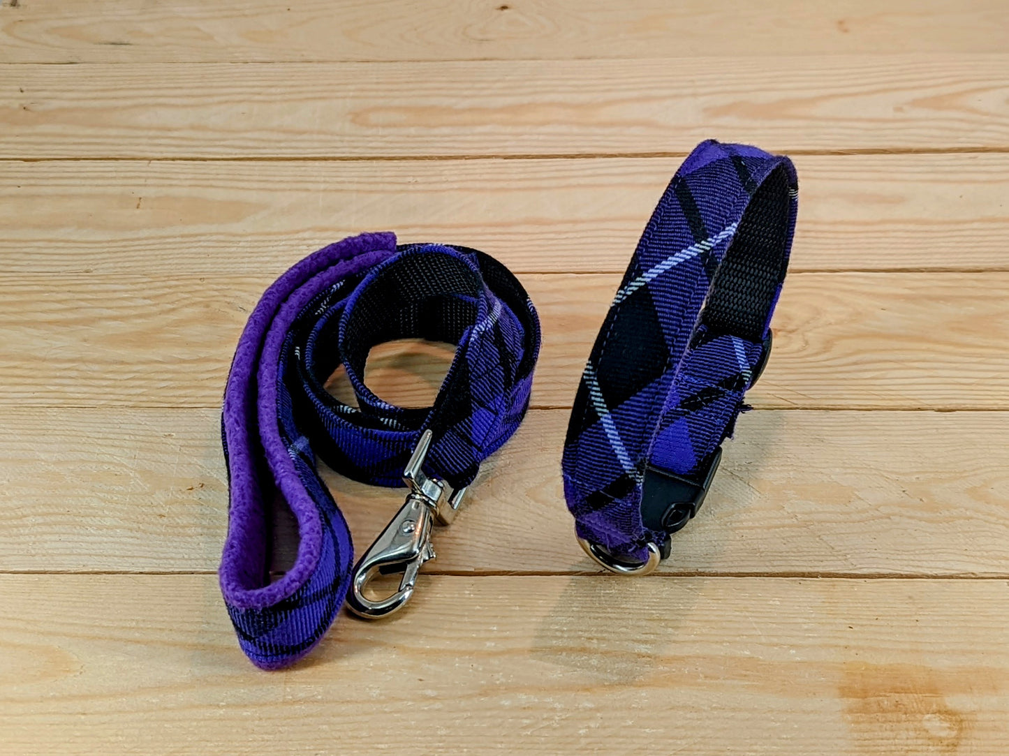 Purple Tartan Fleece Lined Matching Dog Lead and Dog Collar