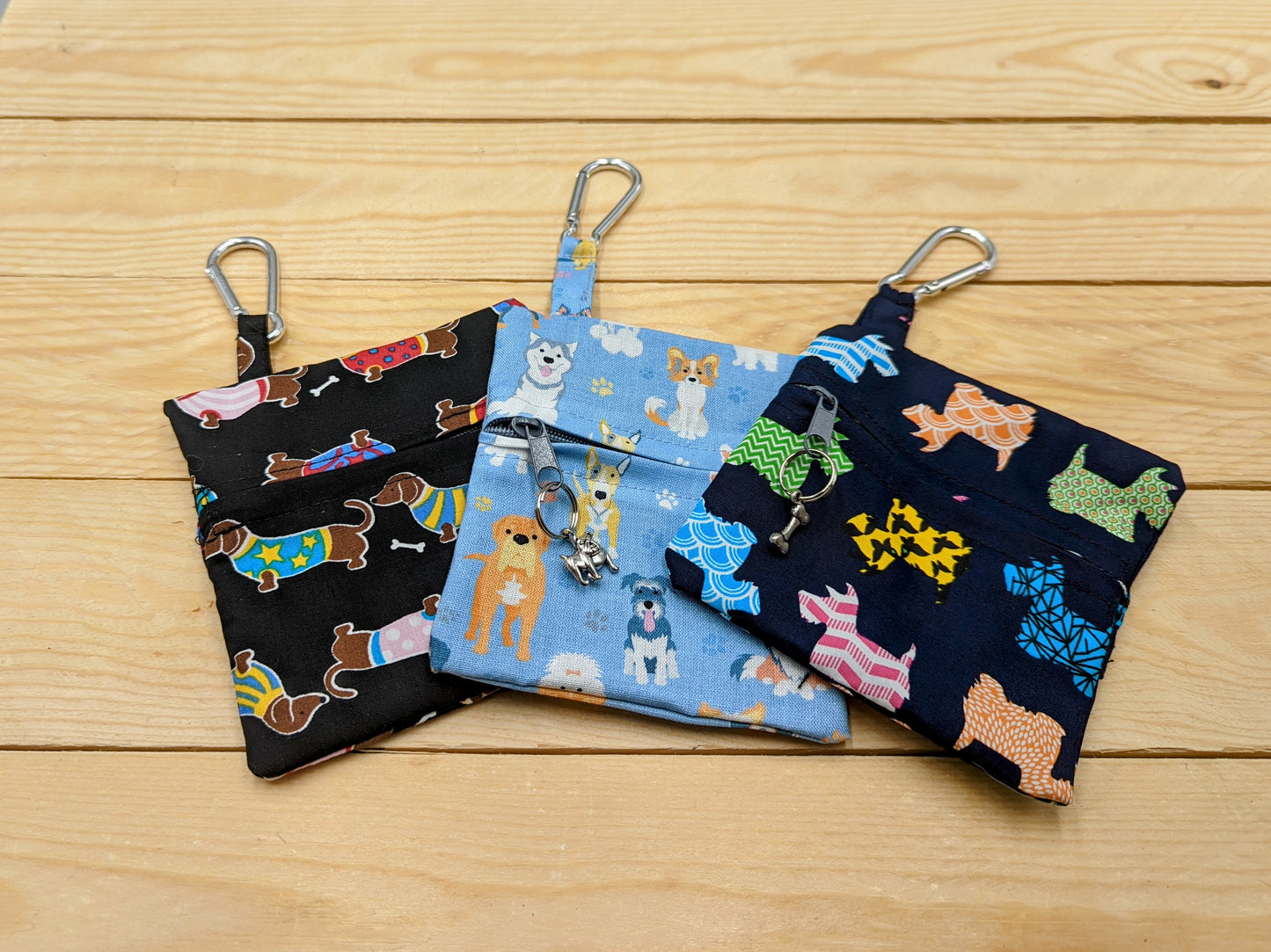 Dog Poop Bag and Dog Treat Pouches in Multiple Dogs in Blue Fabric Front