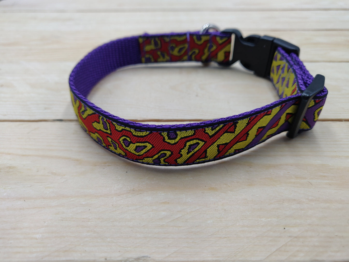 Purple, Yellow and Red Abstract Pattern Dog Collar Left