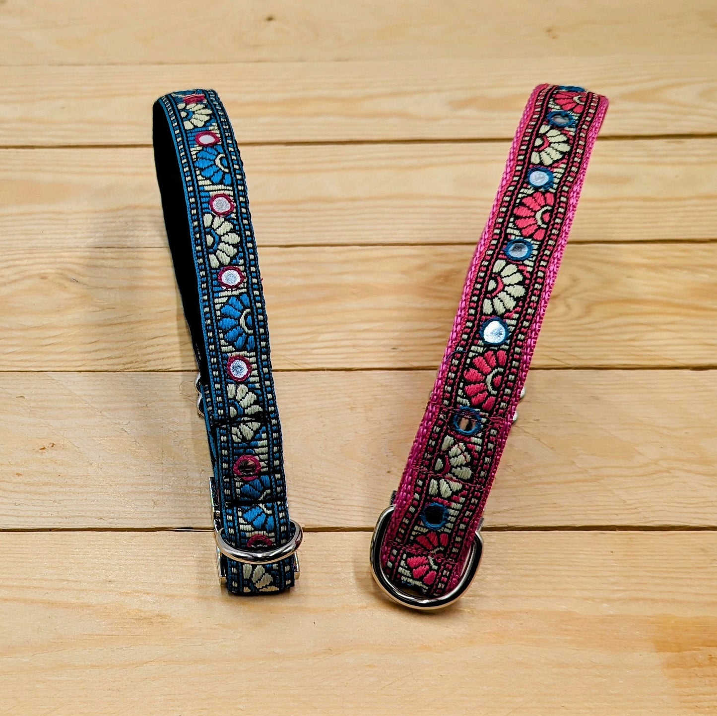Turquoise Mirrored Dog Collar and Cerise Mirrored Dog Collar