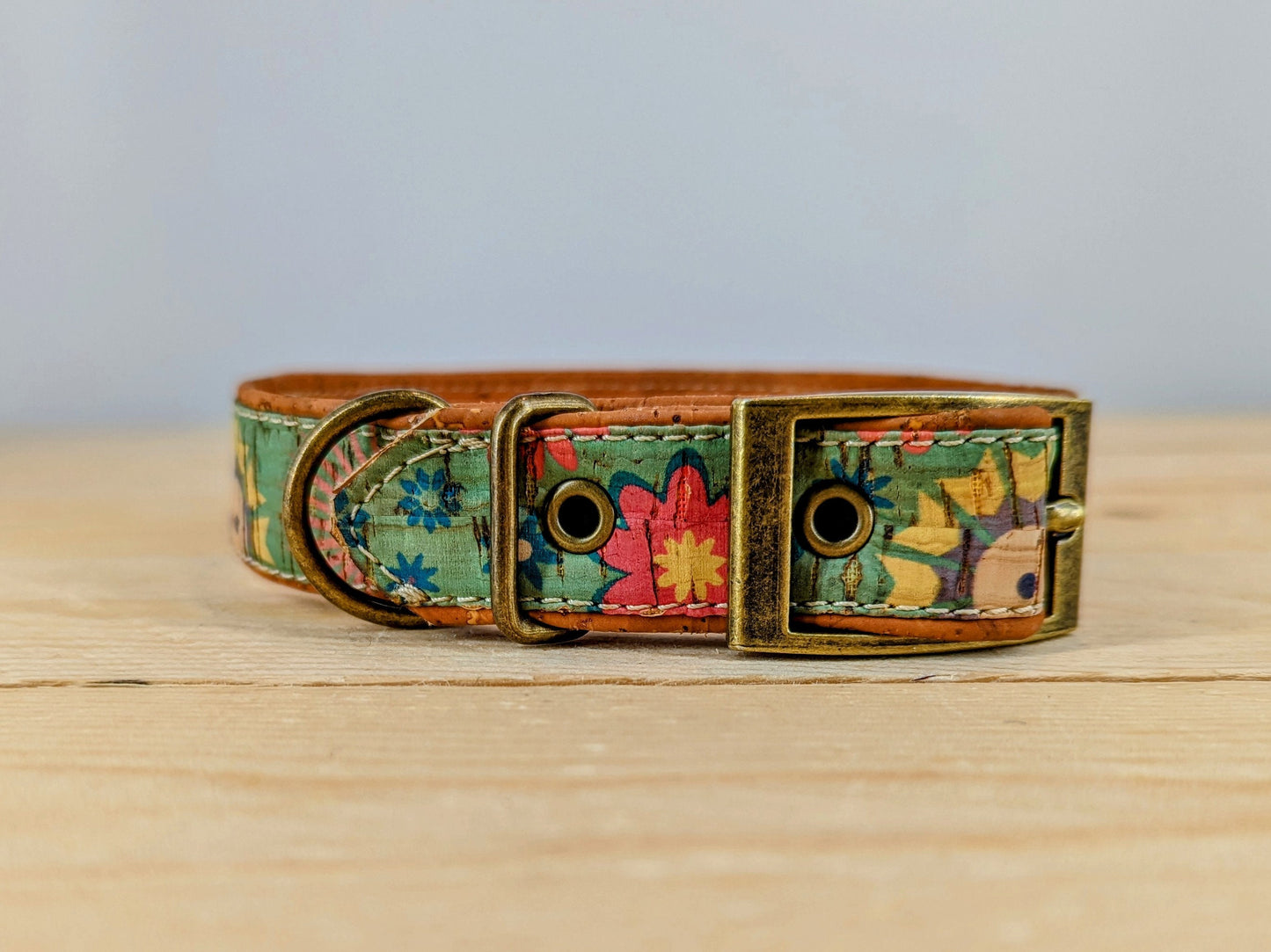 Cork Vegan Leather Floral Dog Collar with Antique Brass Carabiner Buckle