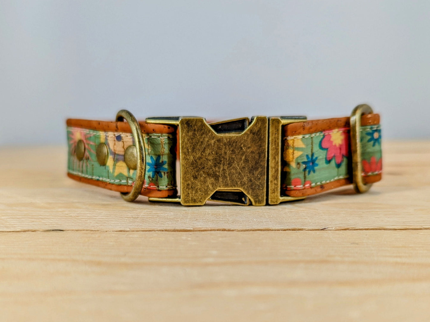 Cork Vegan Leather Floral Dog Collar with Antique Brass -ReleaseBuckles