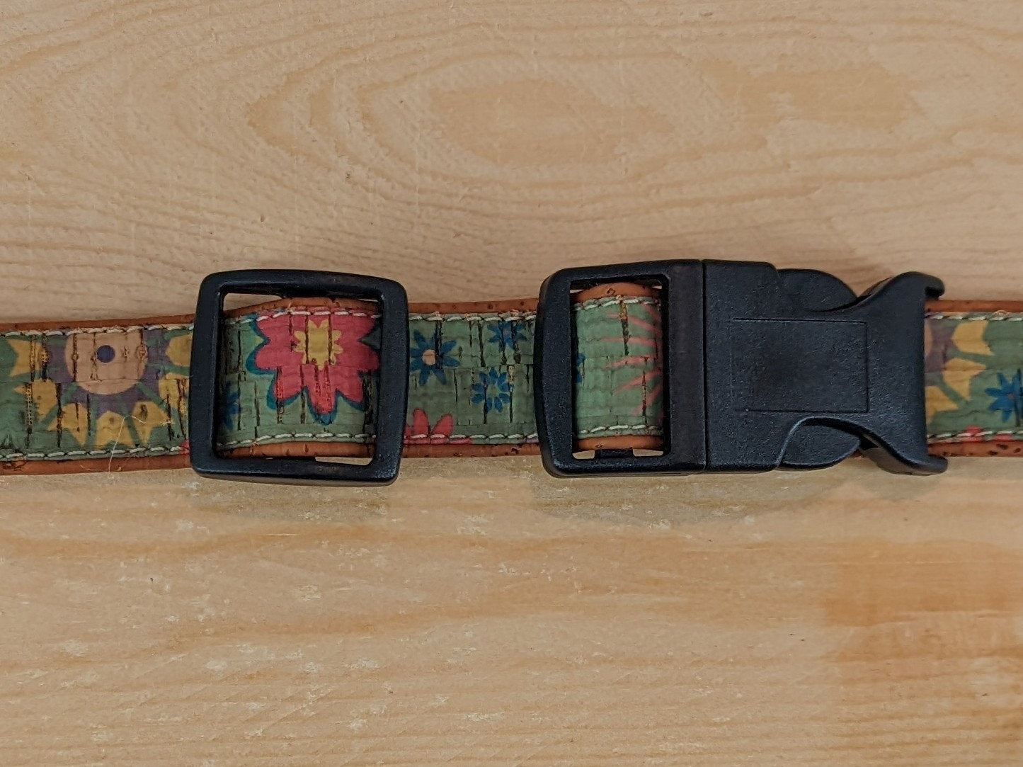 Cork Vegan Leather Floral Dog Collar with Plastic Release Buckles