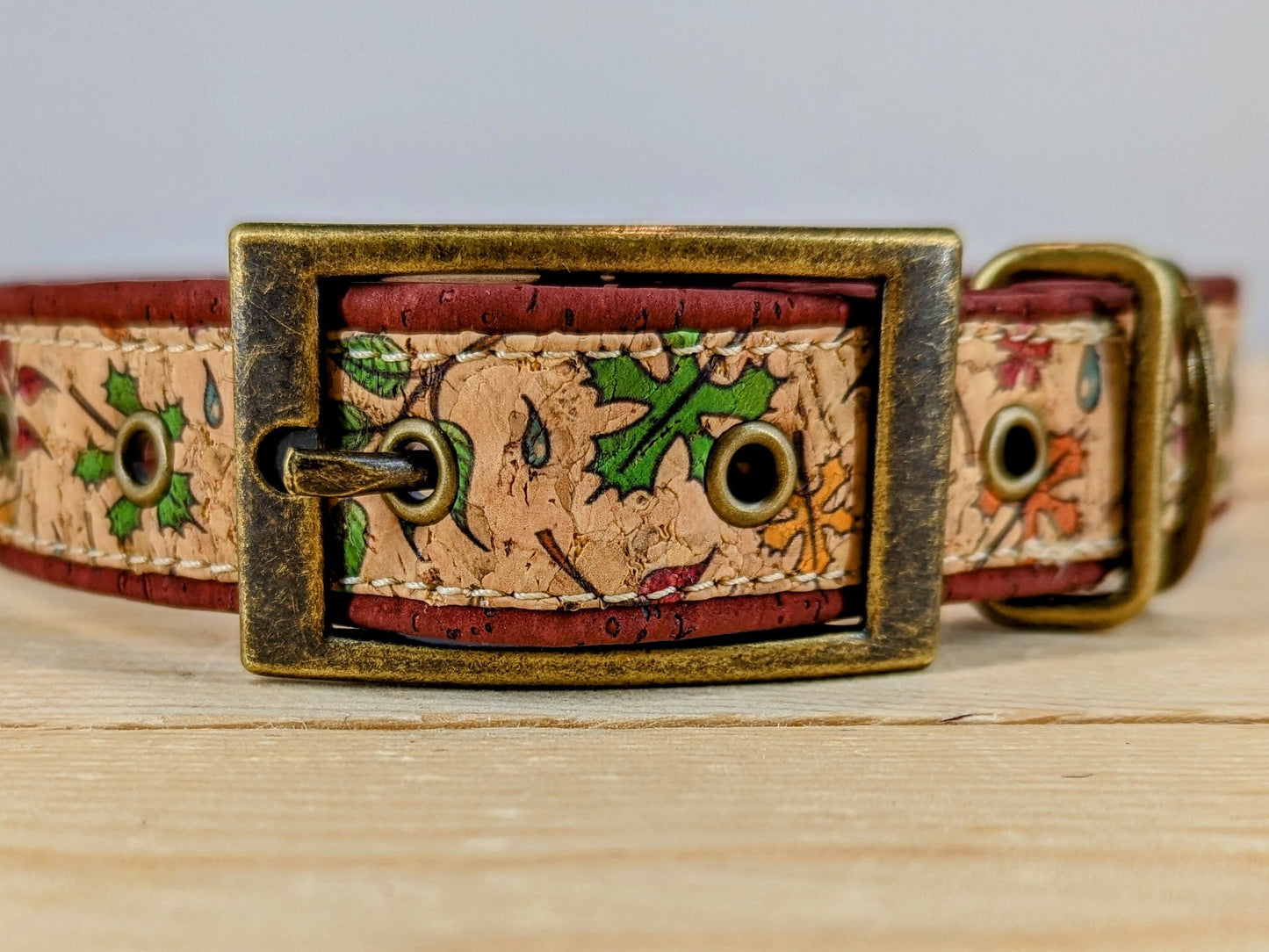 Cork Vegan Leather Leaf Pattern Dog Collar with Antique Brass Carabiner Buckle Zoomed