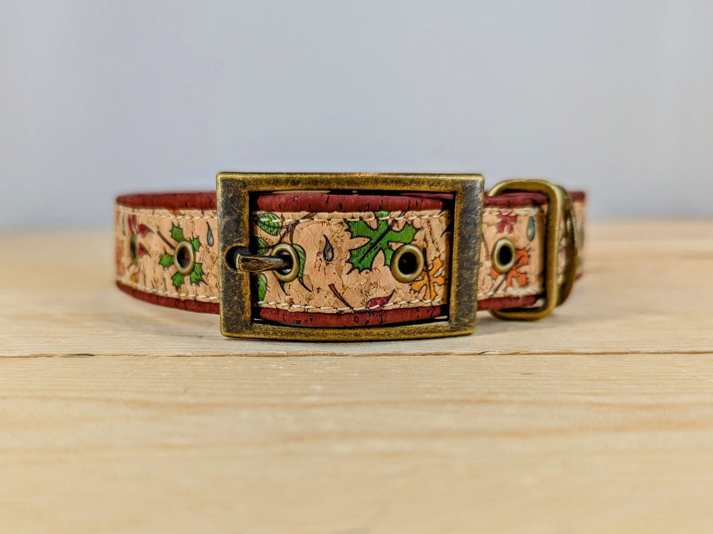 Cork Vegan Leather Leaf Pattern Dog Collar with Antique Brass Carabiner Buckle