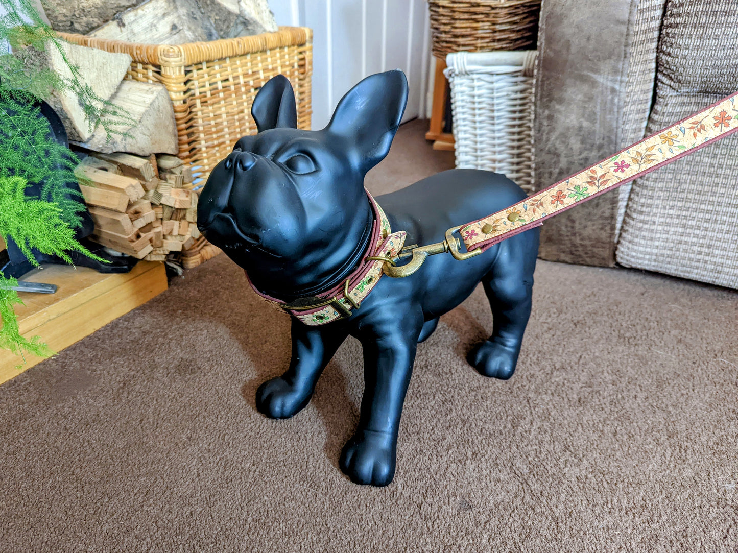 Cork Vegan Leather Leaf Pattern Dog Lead Tied to Collar