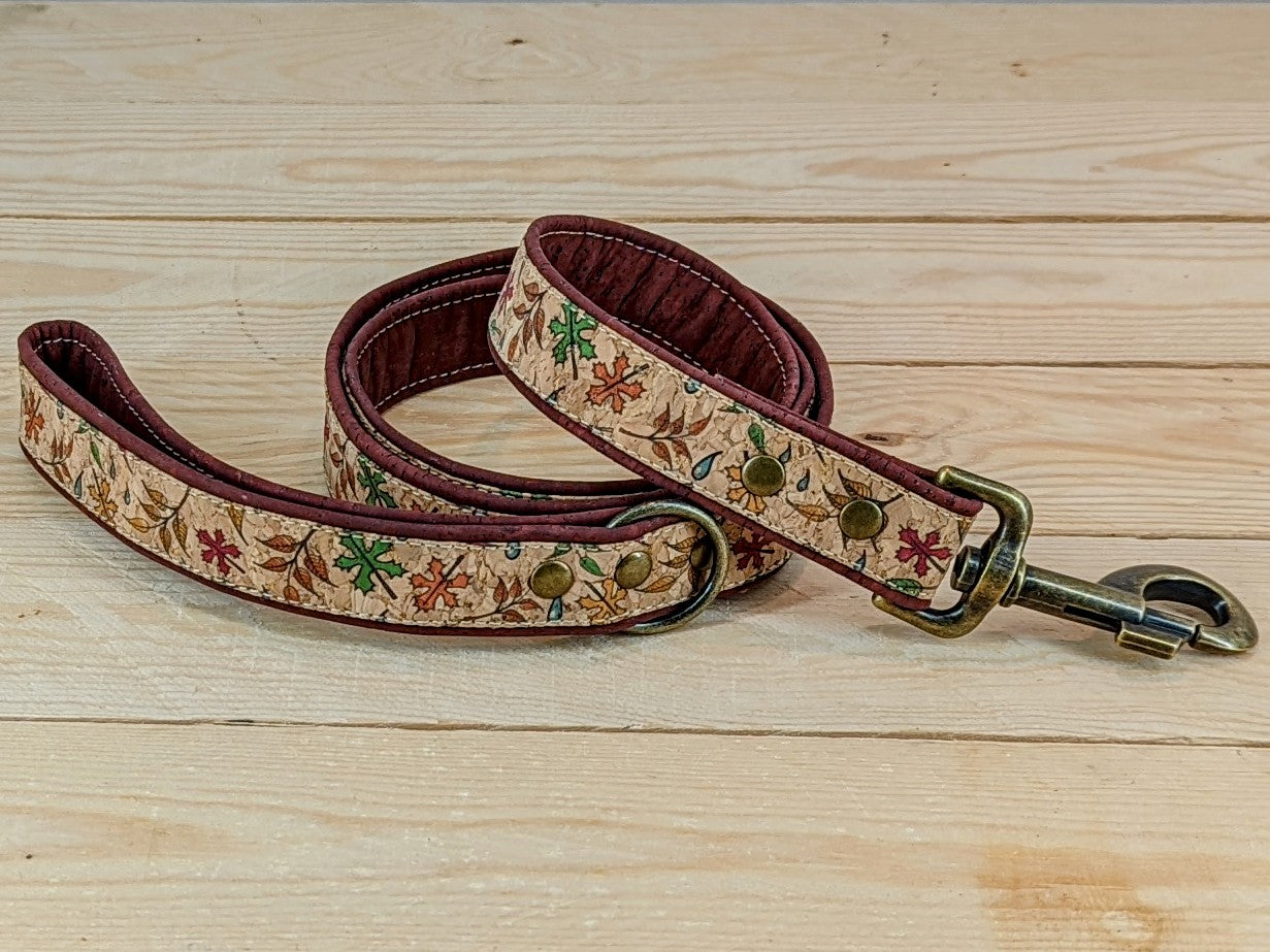 Cork Vegan Leather Leaf Pattern Dog Lead