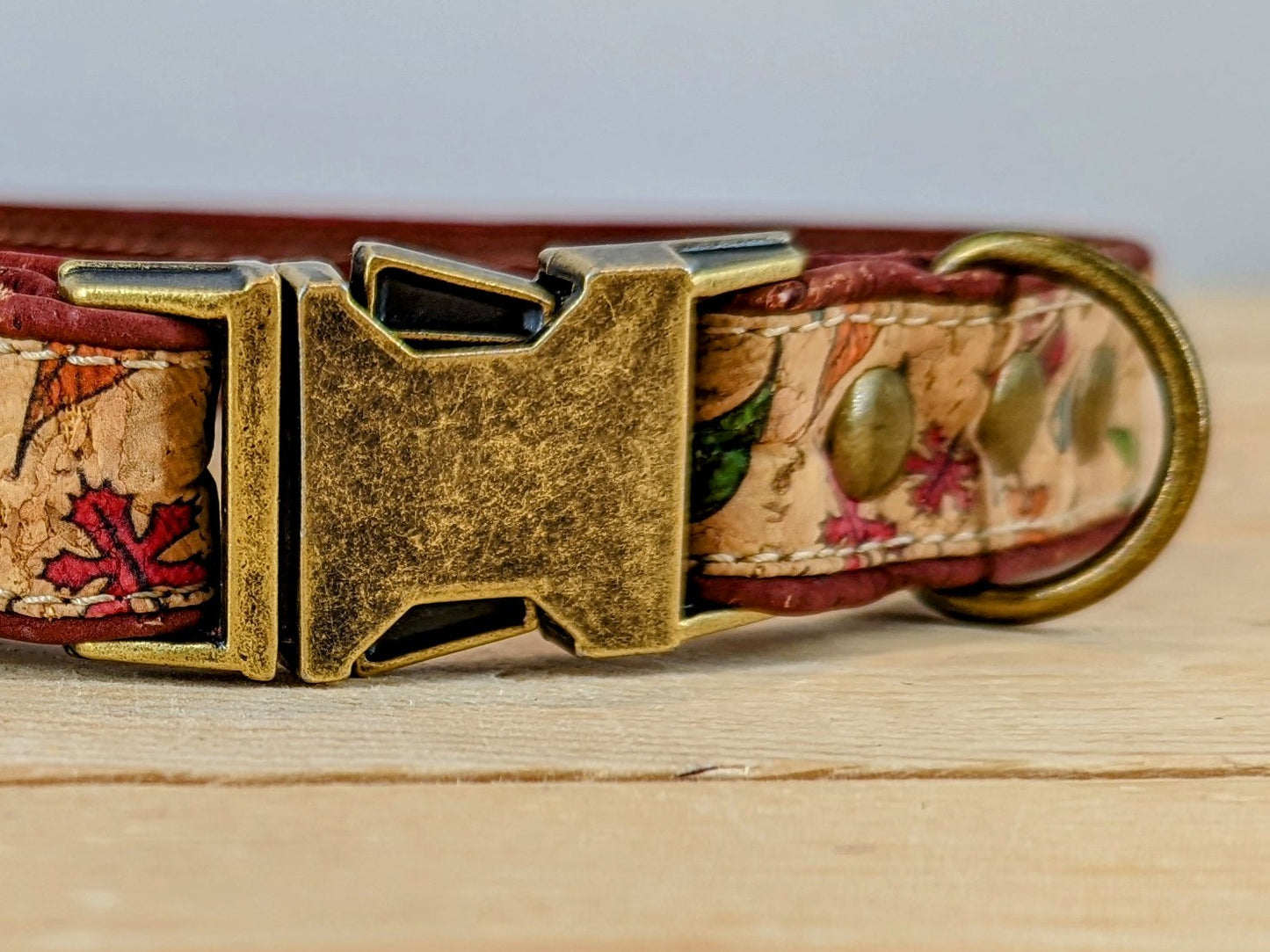 Cork Vegan Leather Leaf Pattern Dog Collar with Antique Brass Release Buckle Zoomed