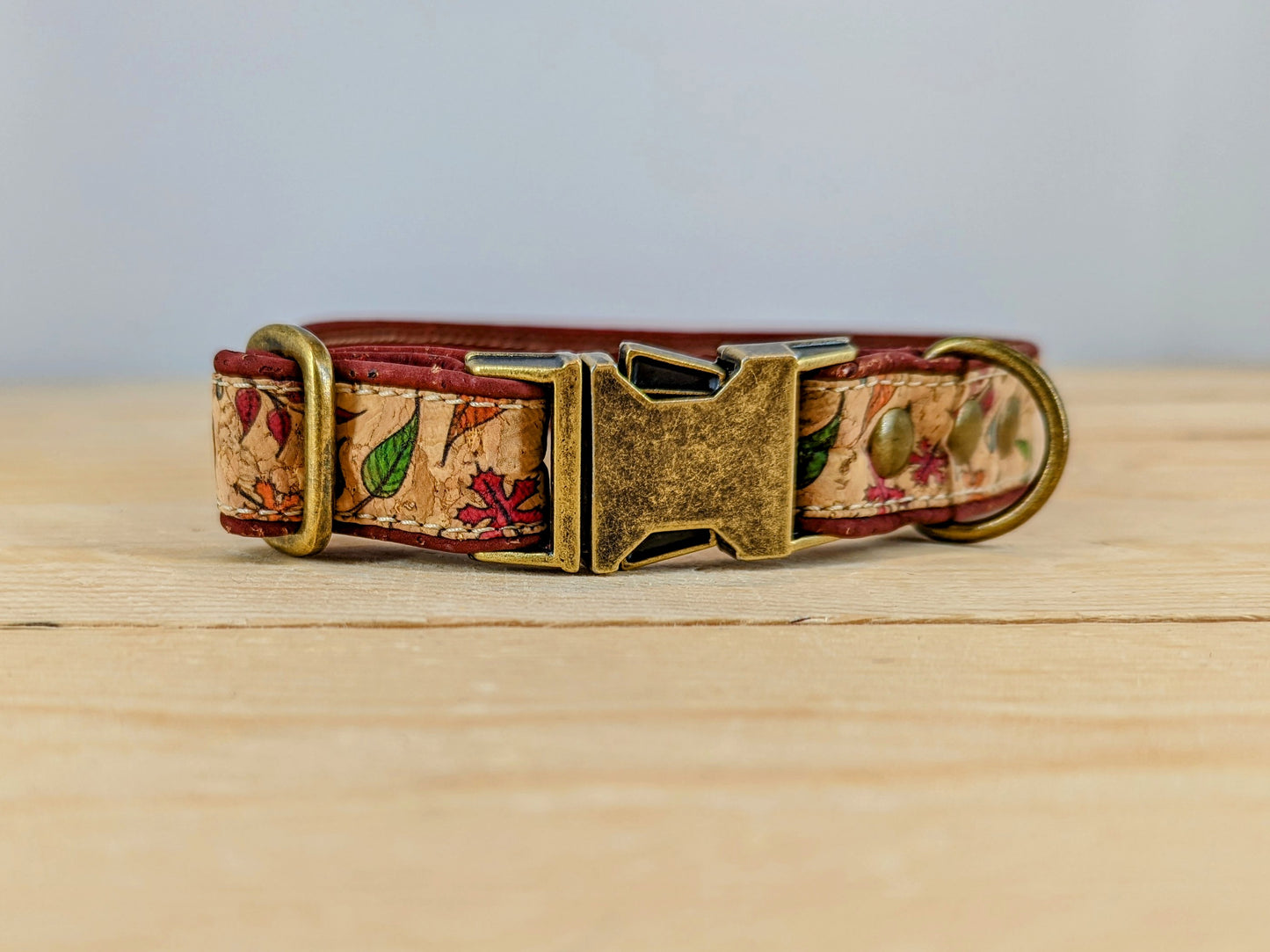 Cork Vegan Leather Leaf Pattern Dog Collar with Antique Brass Release Buckle