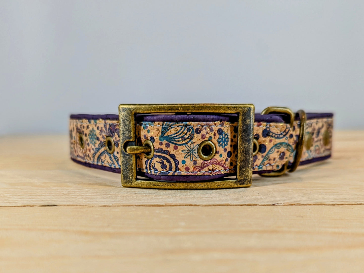 Cork Vegan Leather Purple Hearts Dog Collar with Antique Brass Carabiner Buckle