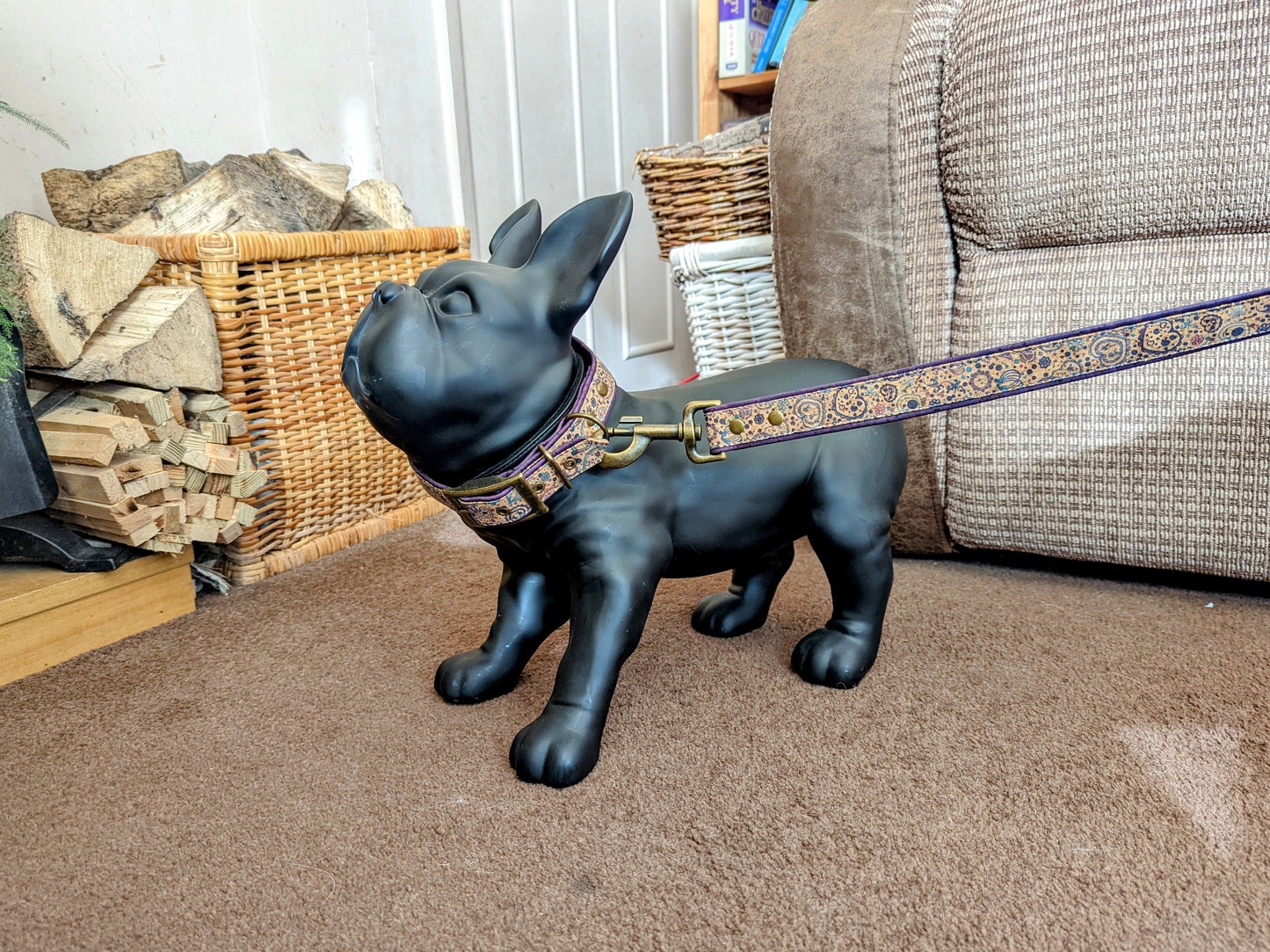 Cork Vegan Leather Purple Hearts Dog Lead Tied to Collar
