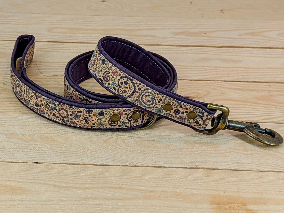 Cork Vegan Leather Purple Hearts Dog Lead