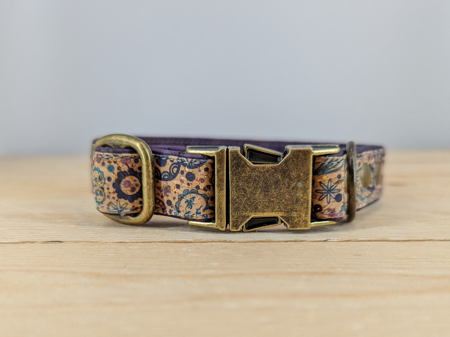 Cork Vegan Leather Purple Hearts Dog Collar with Antique Brass Release Buckle