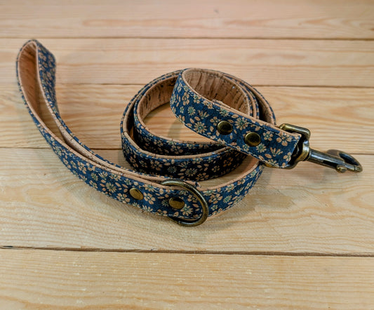 Cork Vegan Leather Blue Floral Dog Lead