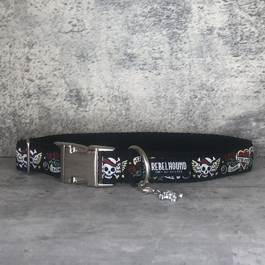TATTOO Black Skulls and Hearts Dog Collar