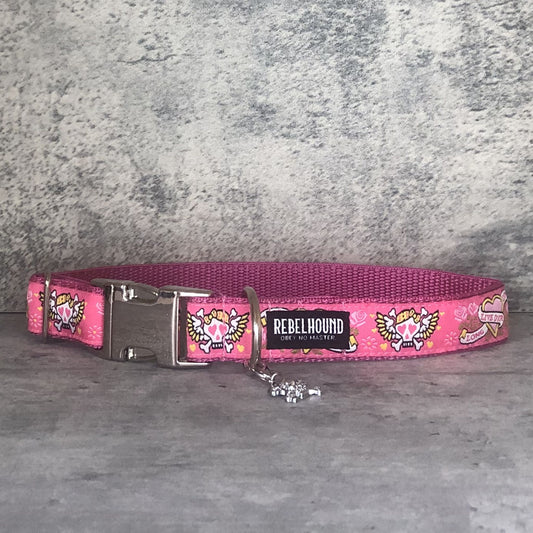 TATTOO Pink Skulls and Hearts Dog Collar