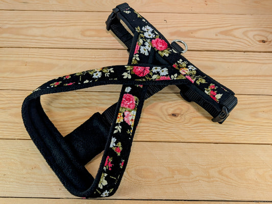 Black and Pink Vintage Floral Fleece Lined Dog Harness