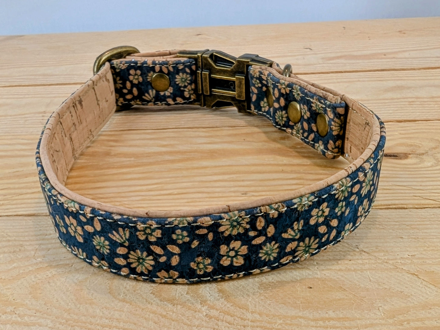 Cork Vegan Leather Blue Floral Dog Collar