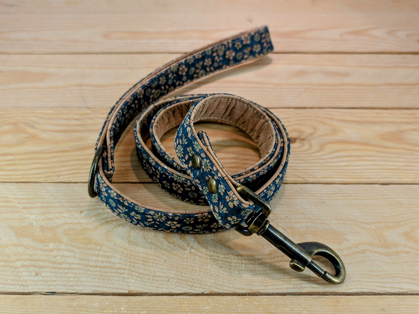 Cork Vegan Leather Blue Floral Dog Lead