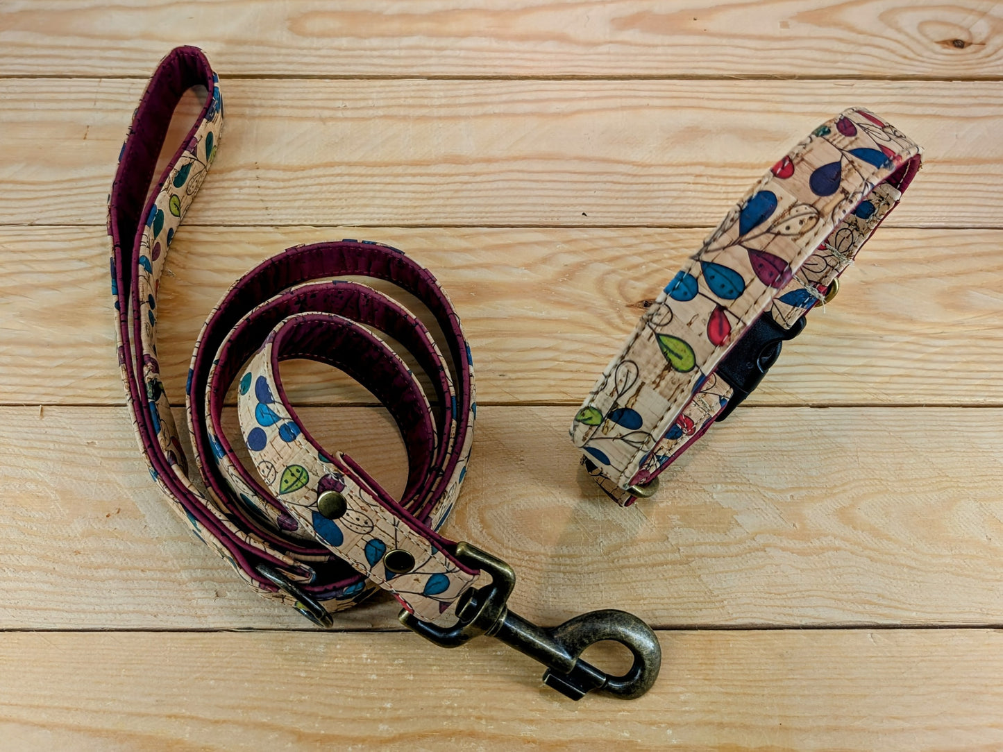 Cork Vegan Leather Coloured Leaves Dog Collar