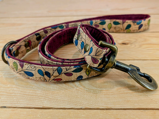 Cork Vegan Leather Coloured Leaves Dog Lead