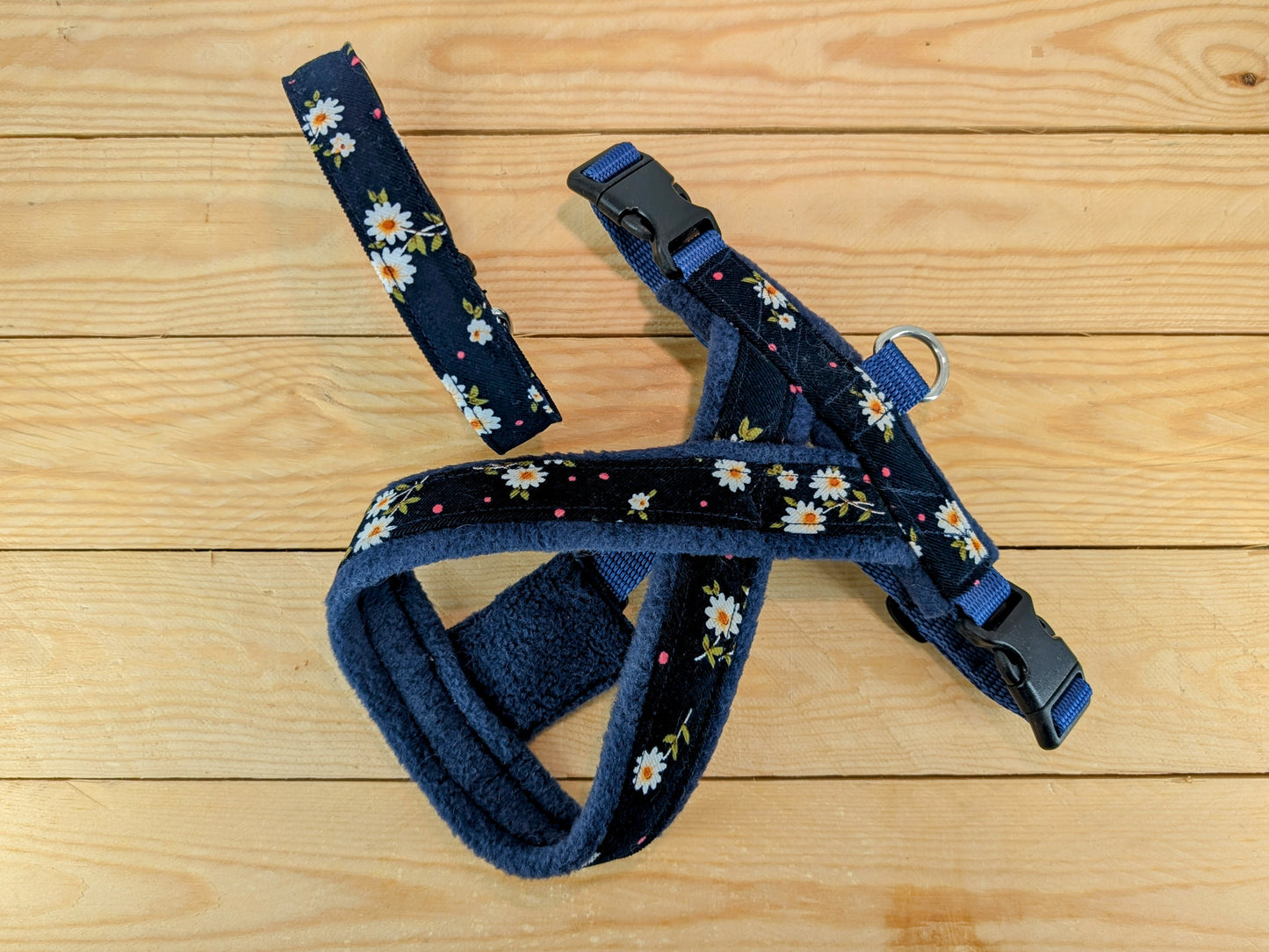 Navy Daisy Fleece Lined Dog Harness