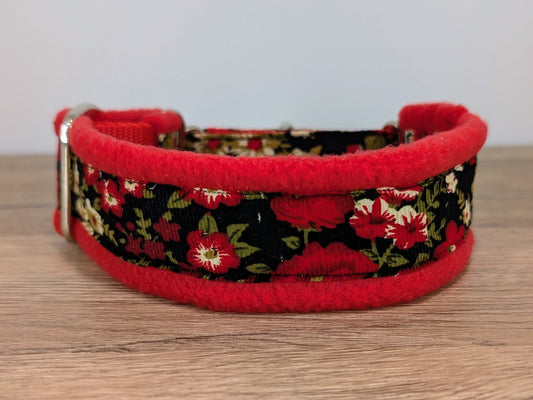Red and Black Floral Fleece Lined Martingale/Half-Check Dog Collar