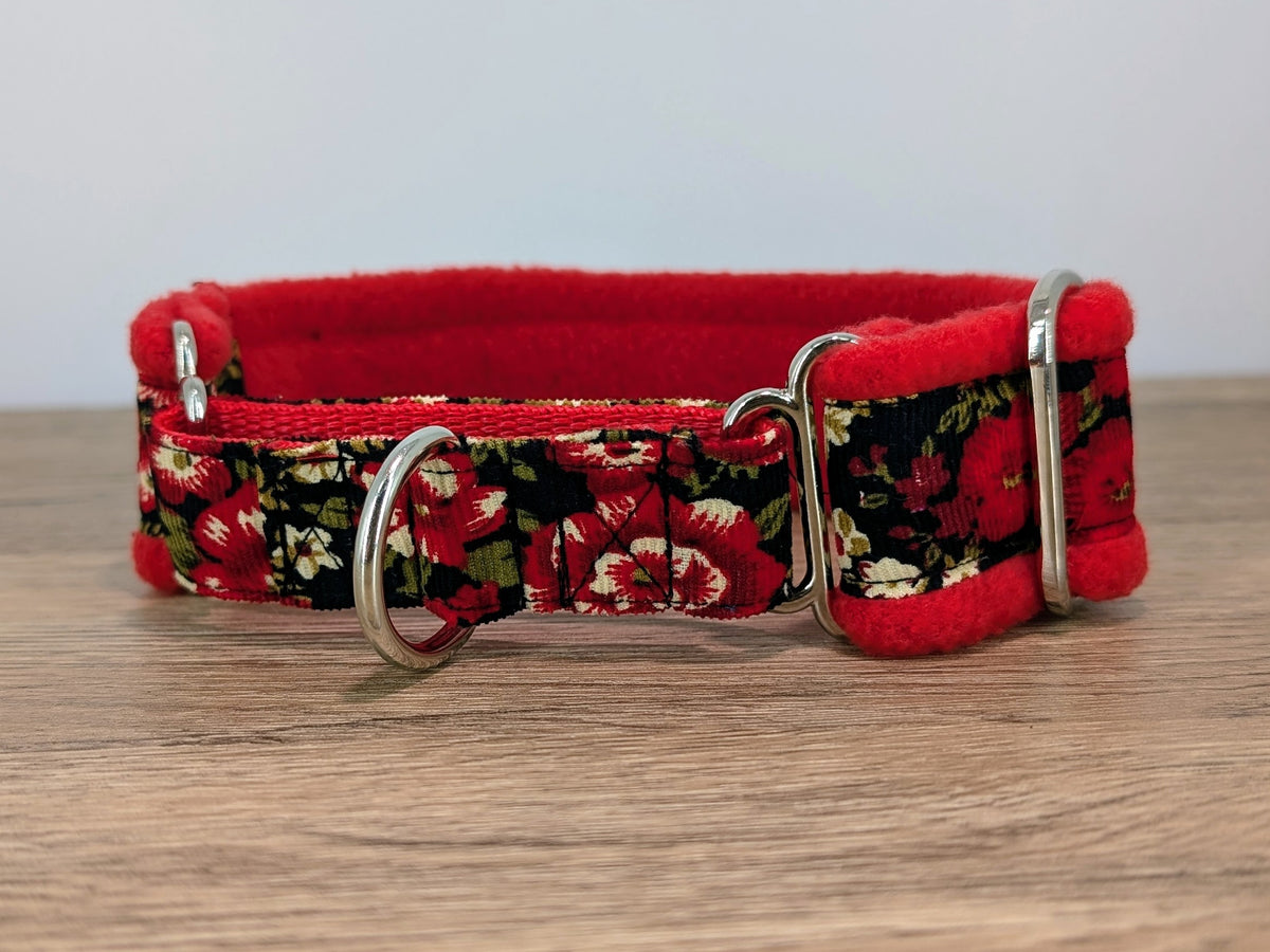 Red and Black Floral Fleece Lined Martingale/Half-Check Dog Collar