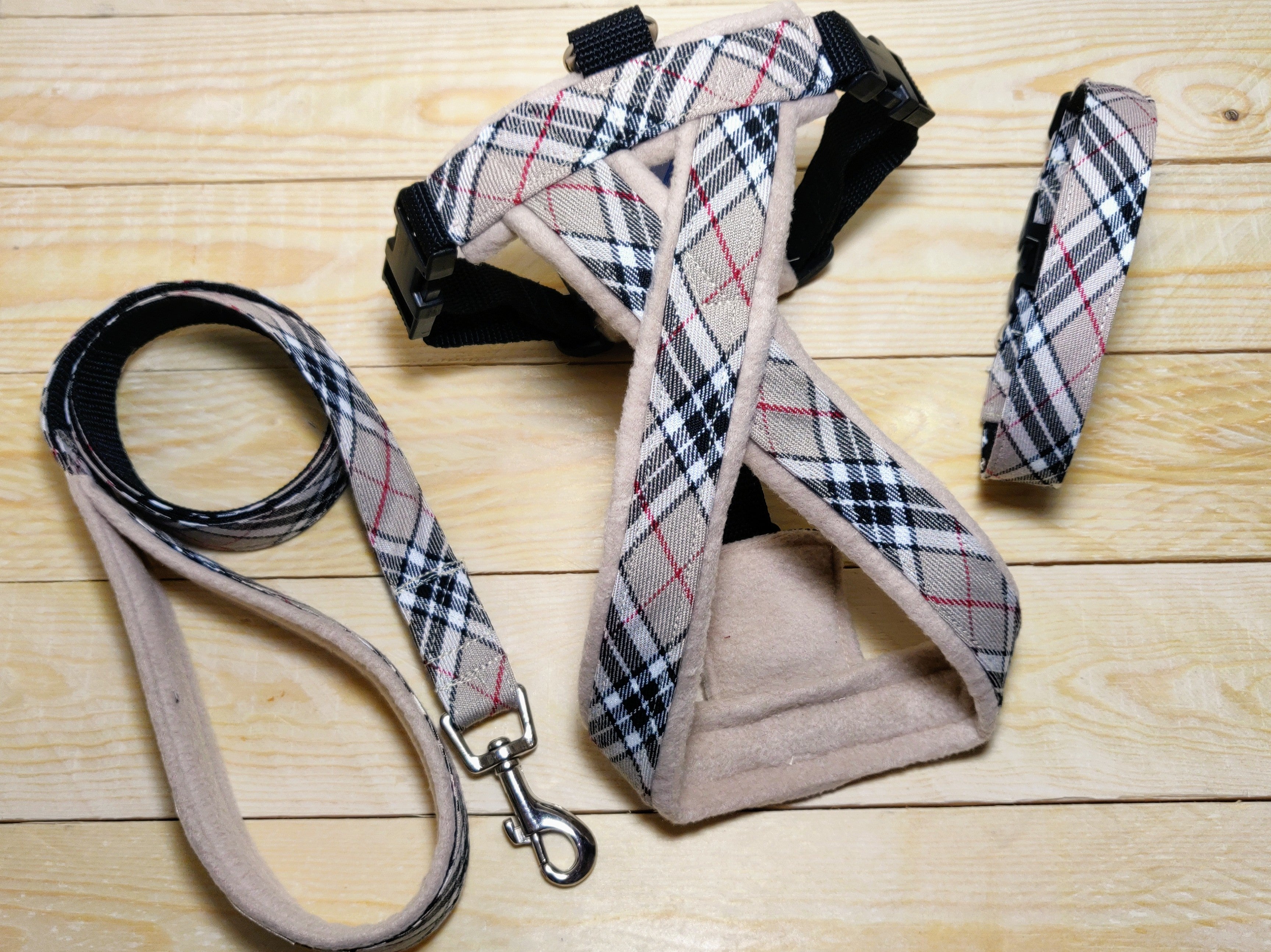 Camel Check Fleece Lined Dog Harness, Dog Lead and Dog Collar