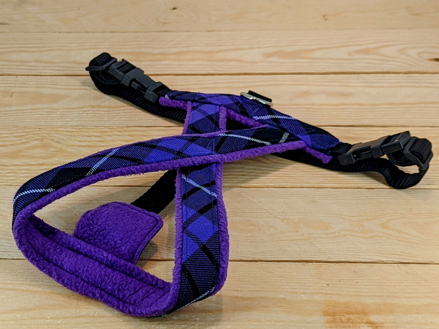 Purple Tartan Fleece Lined Dog Harness Flat View