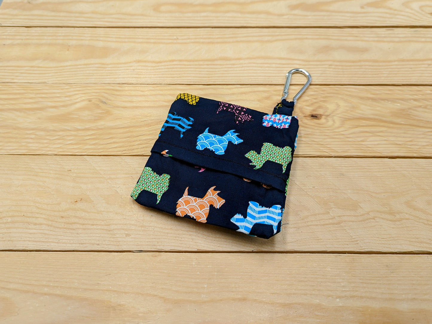 Dog Poop Bag and Dog Treat Pouches in Black Daschund Fabric Front