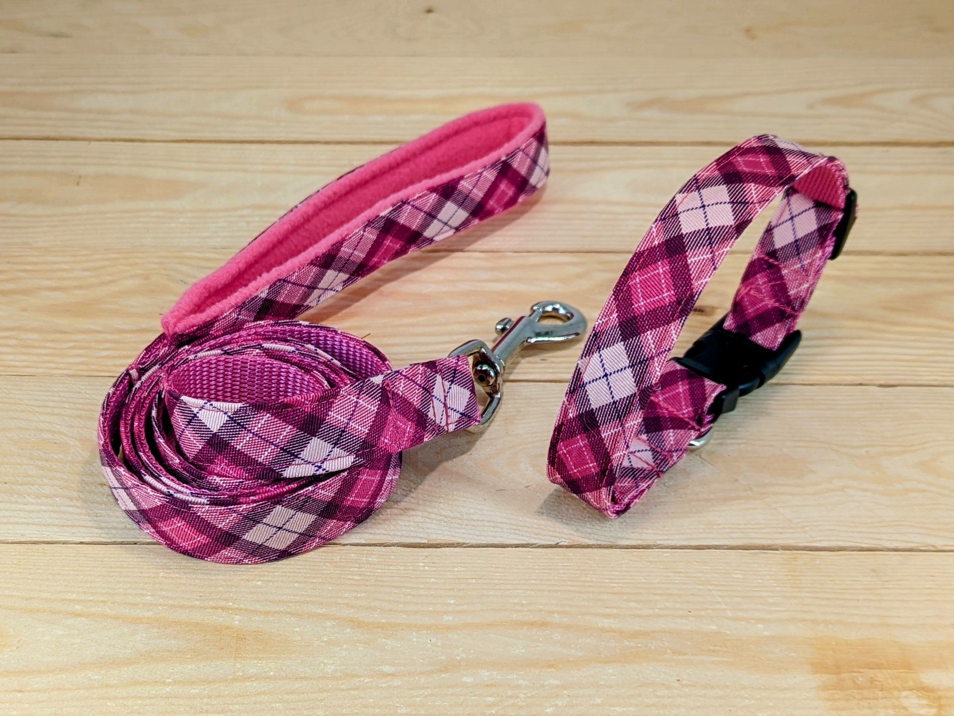 Pink Check Fleece Lined Matching Dog Lead and Collar