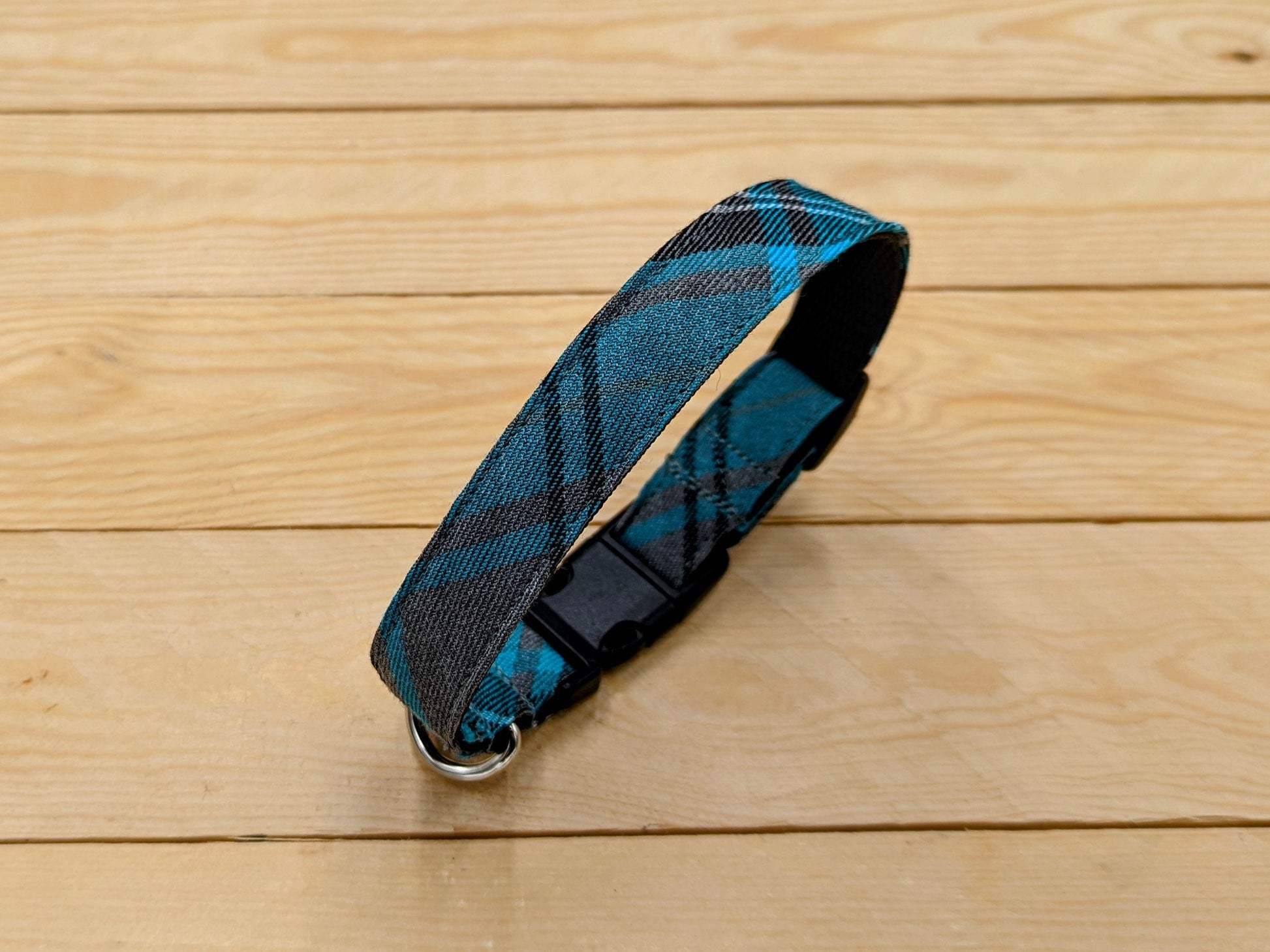 Turquoise and Grey Check Dog Collar