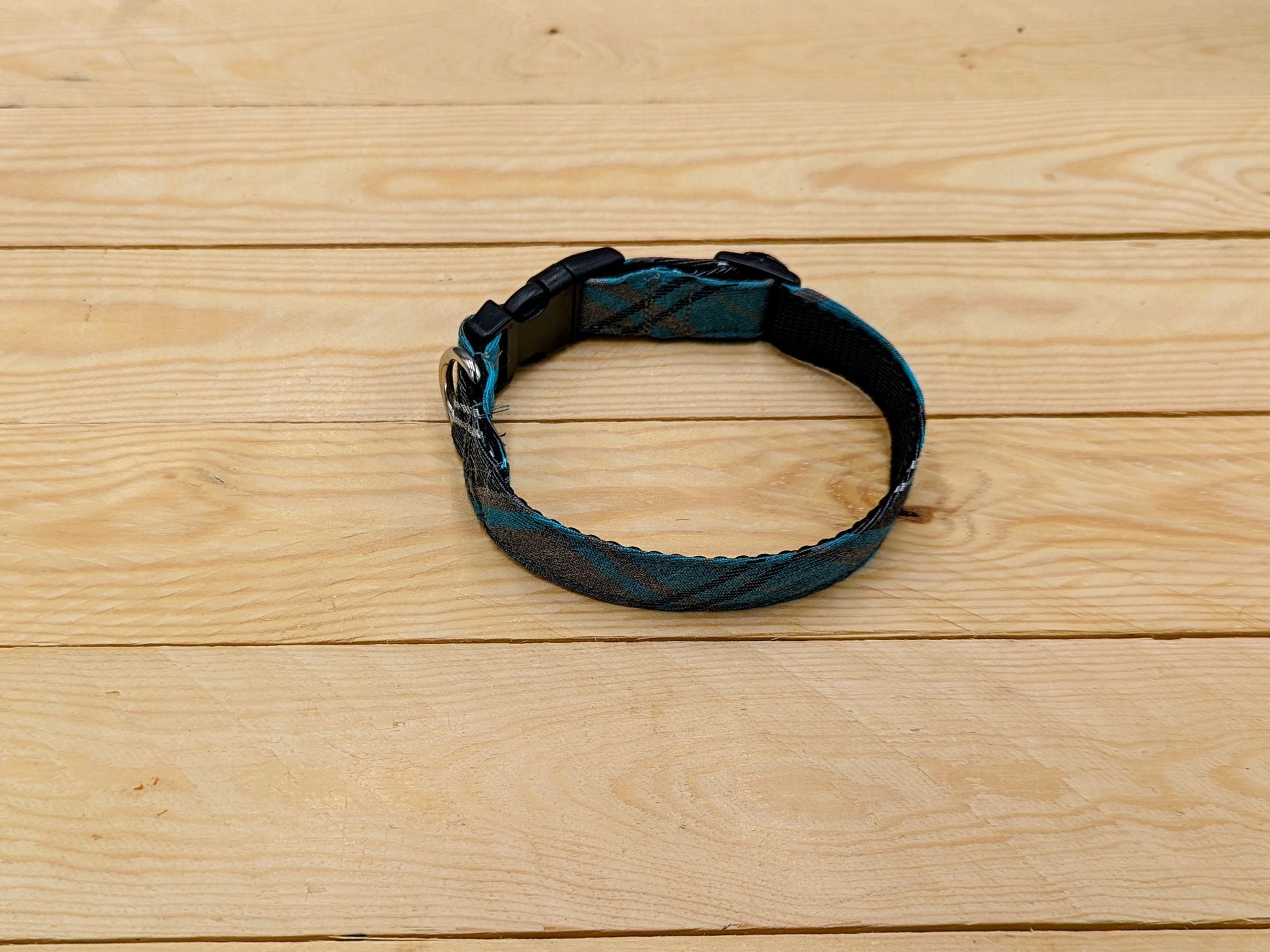 Turquoise and Grey Check Dog Collar Top View