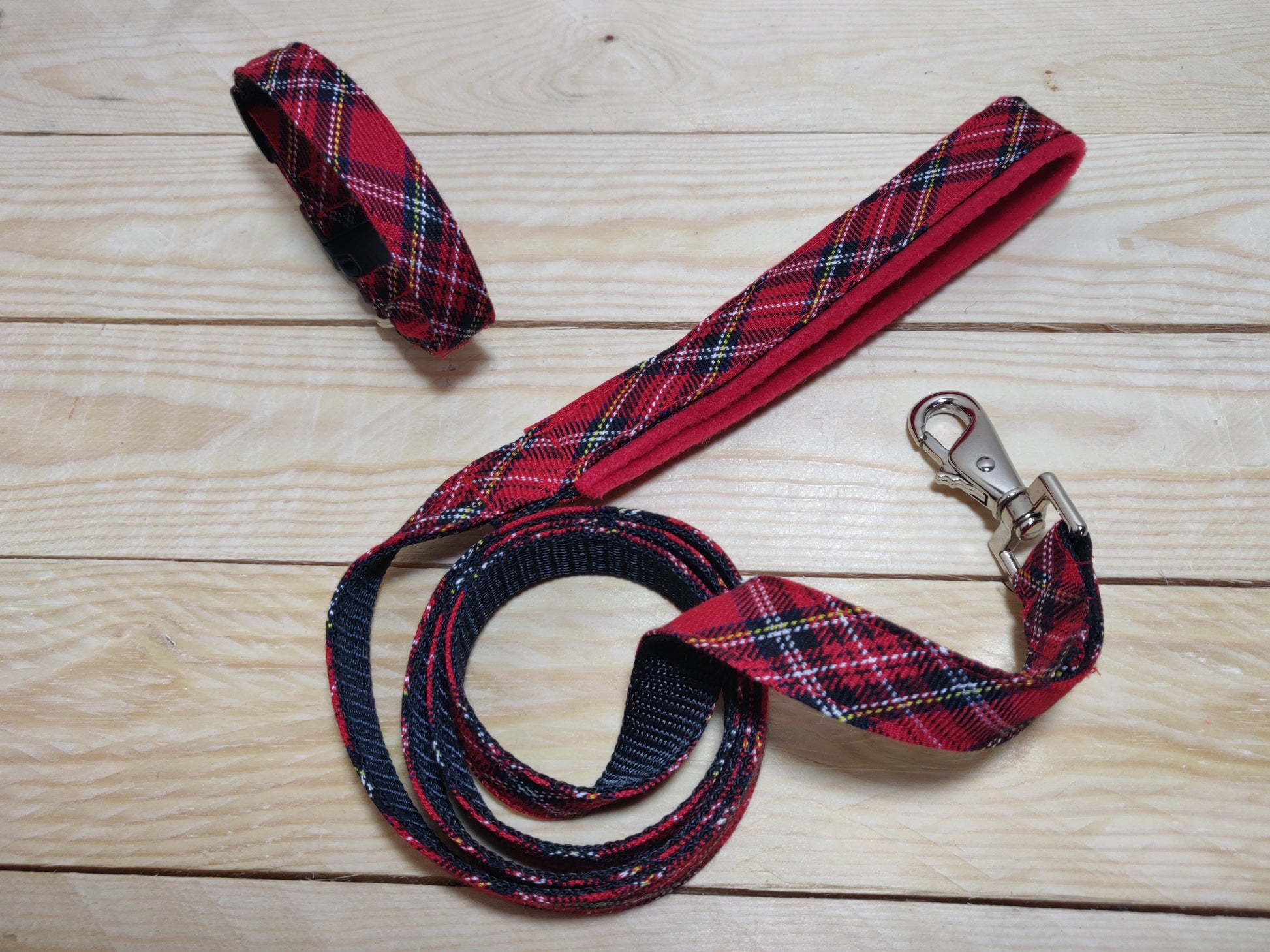 Red Tartan Fleece Lined Matching Dog Lead and Dog Collar