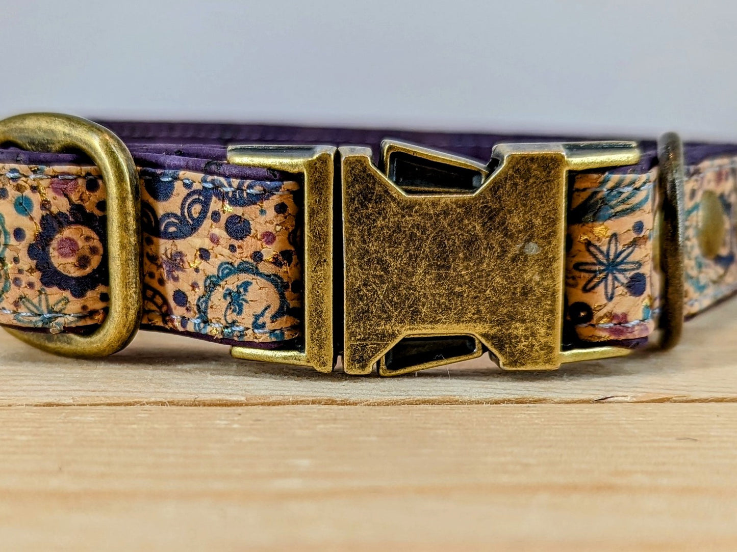 Cork Vegan Leather Purple Hearts Dog Collar with Antique Brass  Release Buckle Zoomed